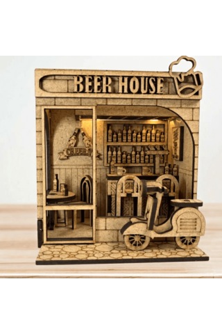 Beer House Ahşap Maket Seti Dıy Miniatür Meyhane Book Nook Koleksiyoner Model