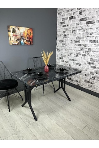 Sultan Siyah Mermer Mutfak Yemek Masası Balkon Masası Kavisli Köşe Metal Siyah Ayak 120 80 Cm