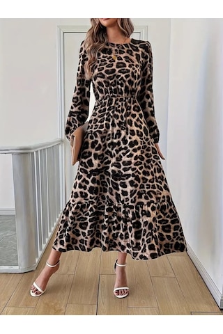 Emh Store Uzun Kollu Bisiklet Yaka Leopar Desenli Midi Süprem Elbise Leopar