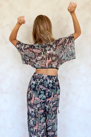 Plaj Pantalon Pareo Yazlık Kapalı Yırtmaçlı Lastikli Şifon Tül Kumaş S-M Yüksek Bel Woods Siyah