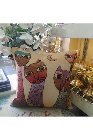 Goblen Kedi Desenli Kırlent Kılıfı