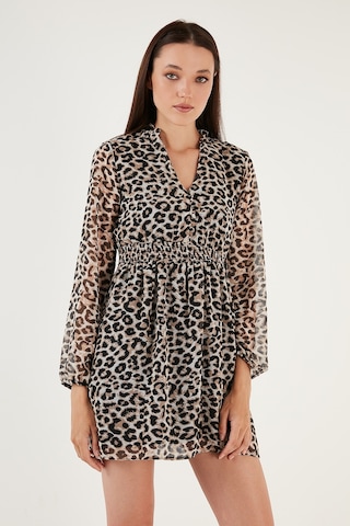 Lela V Yaka Regular Fit Gipeli Düğme Detaylı Şifon Mini Bayan Elbise 611El01433 Leopar