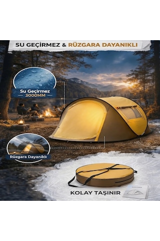 Buffer 2 Kişilik Vagon Tipi Yarı Otomatik Kamp Çadırı Çift Kapılı, Çift Pencereli, Hafif Taşınabilir Outdoor Doğa Çadırı 220x120x90 Cm Sarı