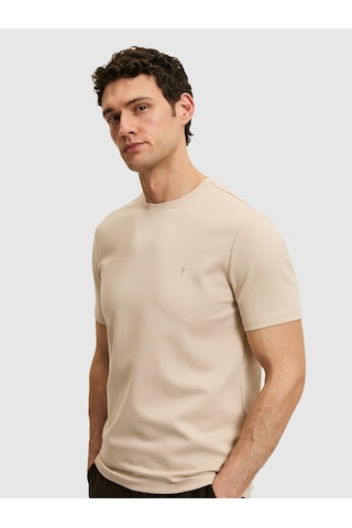 Bej Slim Fit Modal Karışımlı Bisiklet Yaka Basic T-shirt