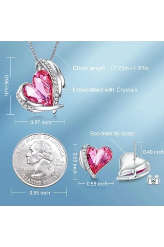 Trend Renkli Taşlı, Zirkon Taş İşlemeli Kalp Takı Seti Kolye Küpe , Yeni Yıl, Fuşya