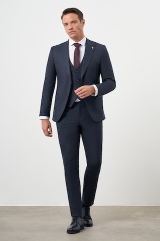 Morven Erkek Lacivert Poliviskon Trend Yelekli Çizgili Desen Slim Fit Sivri Yaka Takım Elbise Lacivert
