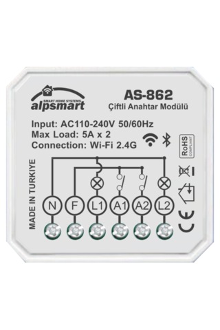 Alpsmart As-862 Akıllı Wi-fi Çiftli Duvar Anahtarı Modülü Tuya