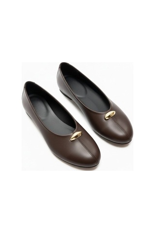 Ne&ve Shoes Kahve Hakiki Deri Gold Aksesuar Detaylı Kadın Günlük Babet Kahverengi