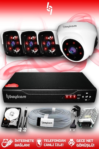 Bayicam 4 Kameralı Panda 1 İç Kamera Set 2 TB HDD Full HD Gece Görüşlü Güvenlik Kamerası Sistemi