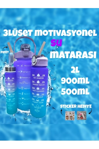 3'lü Set Bpa İçermez Motivasyonel Mor Su Mataraı,su Şişesi 2lt,7