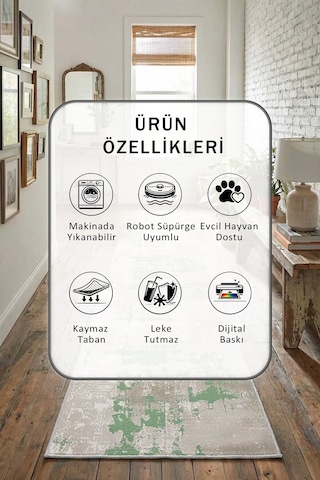 Ceren Yeşil Dijital Baskılı Kaymaz Yıkanabilir Yolluk