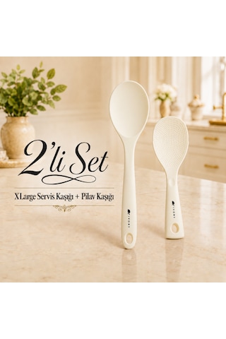 Sariva Home Ivory Silikon Xl Large Servis Kaşığı Ve Pilav Kaşığı 2'li Set Yapışmaz Tencere Uyumlu Isıya Dayanıklı Mutfak Servis Seti Ivory