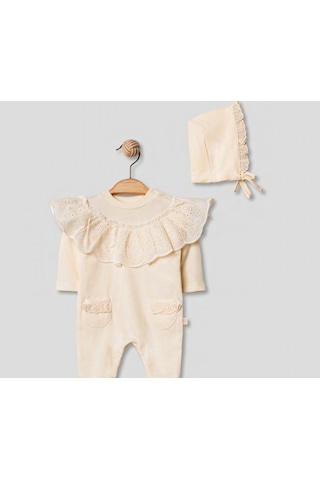 Pugi Baby Dantel Yaka Detaylı Bebek Tulum & Şapka Takımı Bej