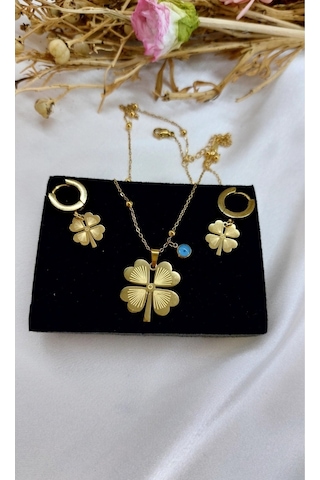 1. Kalite Çelik Yonca Figürlü Nazar Boncuklu Kolye Küpe Seti