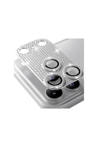 Apple Uyumlu iPhone 17 Pro - Komple Taşlı Lens Koruma Full Kamera Koruması Tek Parça Beyaz