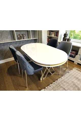 Msy Home 4 Kişilik Naz Serisi Beyaz Masa Yönsüz Kumaş Lüks Ve Modern Yemek Odası Takımı 7895362 Gri