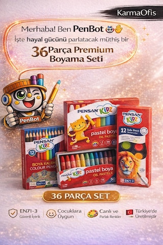 36 Parça Boyama Seti 12 Li Pastel, 12 Li Kuru Boya, 12 Li Sulu Boya Tamamı Yerli Üretim