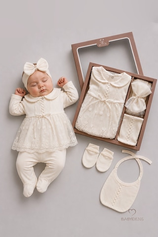 Babyden's Yenidoğan Kız Bebek Mevlit Takımı %100 Pamuk 5'li Hastane Çıkışı Seti Dantelli Hediyelik Ekru