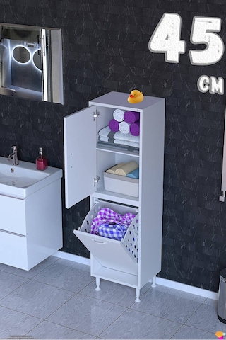 Deniz Kirli Sepetli Ve Kapaklı Raflı, Çok Amaçlı Banyo Dolabı - 45 X 138 X 32,5 Cm 45 Cm