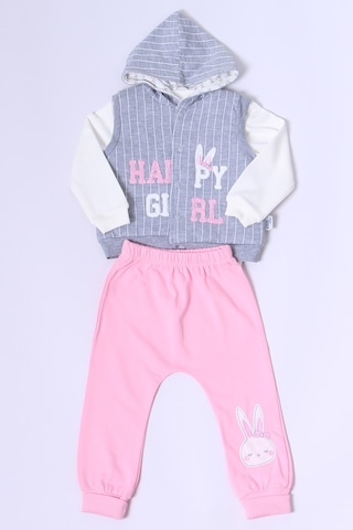 Kız Bebek Yelekli Takım Kapşonlu Çıtçıtlı Tavşan Baskılı A15 Pembe
