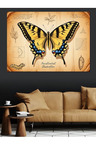 Swallowtail Butterflies Sarı Kırlangıç Kuyruklu Kelebek Eskiz Fonlu Dekoratif Kanvas - Mdf Ahşap Tablo