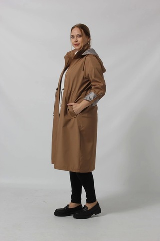 Uzun Astar Detaylı Bondit Trençkot Kahve Rengi Kahverengi