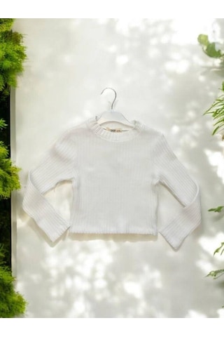 Kız Çocuk Kışlık Yuvarlak Yaka Fittili Basıc Kazak-14427 Beyaz