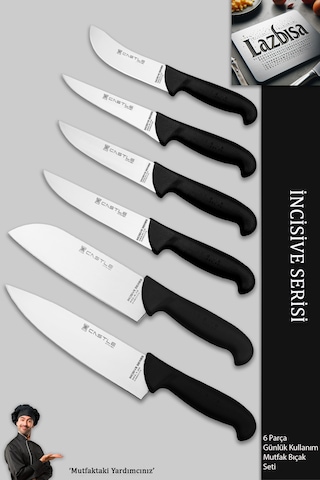 İncisive Serisi Mutfak Bıçak Seti Et Sebze Şef Bıçağı 6lı Mft-258 Siyah