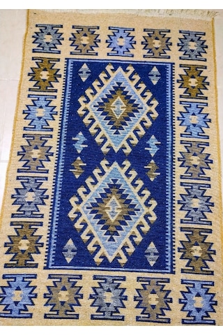 Makine Dokuma Uşak Kilimi, Püsküllü, Çift Taraflı Mavi