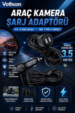 Araç Kamera Şarj Adaptörü 2 Usb Li Type-c Girişli 3. 5 Metre Kablo Uzunluğu Ürün Kamera Değildir