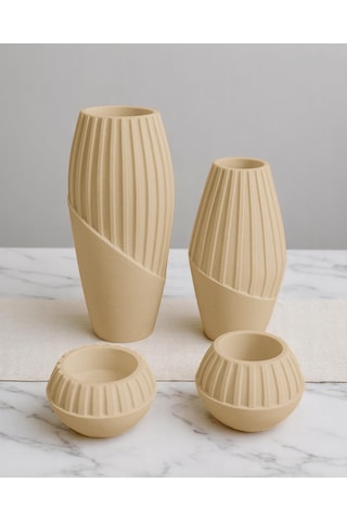 4 Lü Çizgili Dekoratif Vazo Seti El Yapımı Özgün Tasarım Beyaz