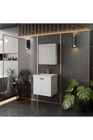 Karen Banyo Mimoza 60 Cm Lavabolu,aynalı Banyo Dolabı Seti,komple Mdf Seramik Lavabo Dahil,mdf Beyaz
