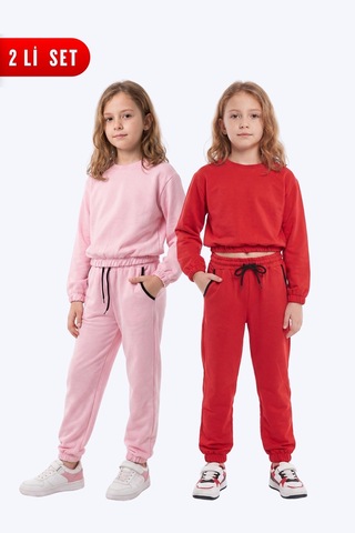 Panios Kids 2'li Yuvarlak Yakalı Beli Lastikli Crop Kesim 4 Parça Kız Çocuk Alt Üst Eşofman Takımı Pembe-kırmızı