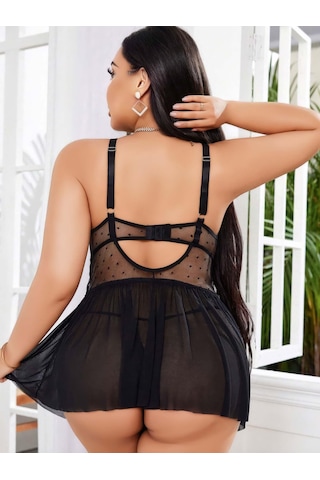 Kadın Nakışlı Siyah Gotik İp Askılı Büyük Beden Tüllü Transparan Fantezi Gecelik 8007 Siyah