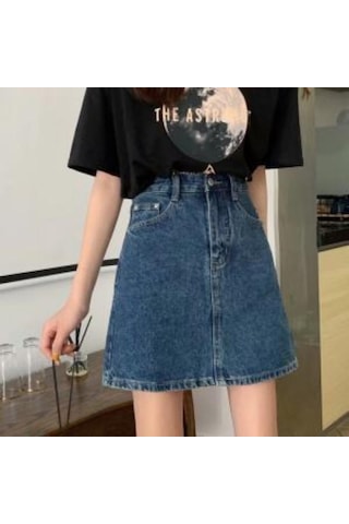 Yaz Yüksek Bel A Hattı Düğmeli Kot Etek Mini Siyah Beyaz Slim Fit Kot Etek Koyu Mavi