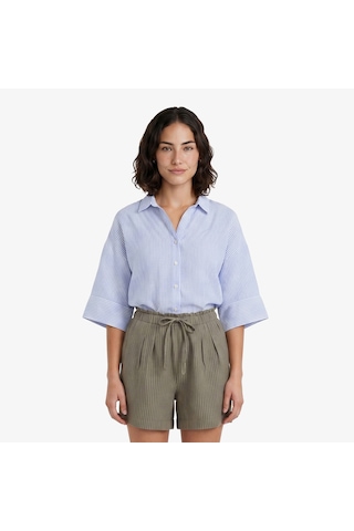 Nautica Kadın Mavi Regular Fit Kısa Kollu Çizgili Keten Gömlekçizgili65w304t