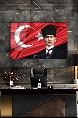 Atatürk Portre Ve Türk Bayrağı Yatay Cam Tablo Evlika, Modern Duvar Dekoru , Kurum Ofis İş Hediyelik Tablo
