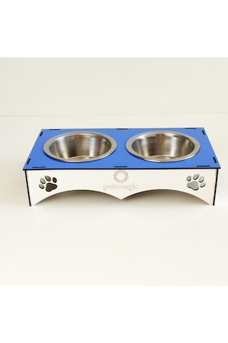 Petmagic Ahşap 2'li Mama Kabı İkili Ahşap Çelik Mama Kabı - Mavi