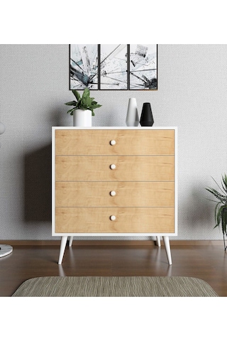 Floradesign Luna Şifonyer / Çok Amaçlı Dolap/ Çekmeceli Şifonyer / Kapaklı Şifonyer / 4 Çekmeceli Şifonyer Meşe/beyaz