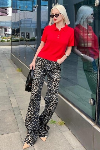 Seeh Siyah Leopar Palazzo Kadın Jean Pantolon Sh352 Desenli