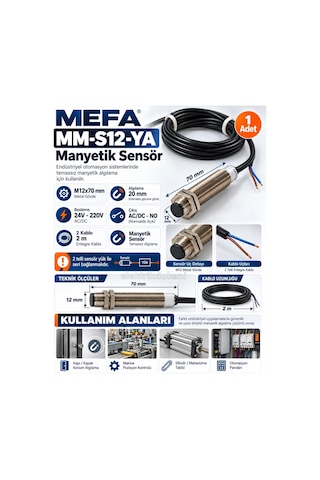 Mefa Manyetik Sensör M12 / 20mm 24v..220v Ac/dc No 2 Kablolu 500ma Çap:12mm Uzunluk:50mm Algılama:2