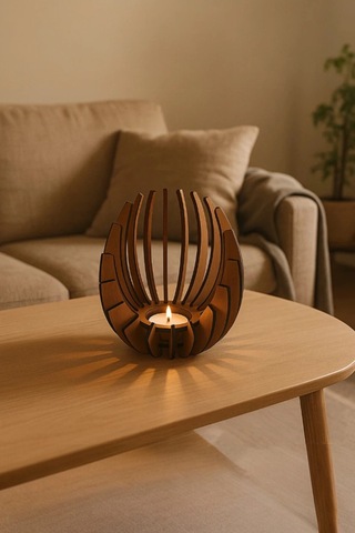 Ceviz Desenli Lotus Mumluk 3 Mm Mdf Lazer Kesim, 14 Cm Kemençe