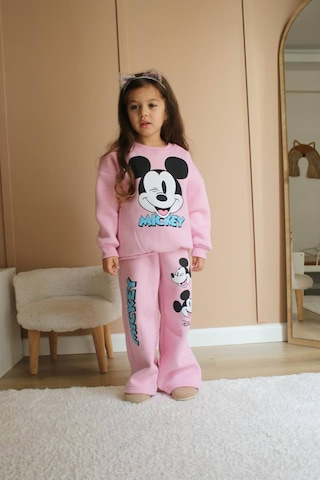 Kız Çocuk Pudra Pembe Renk Pamuklu 3 İplik Şardonlu Mickey Baskılı Alt Üst Takım Pembe