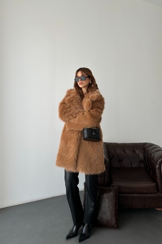 Myloore Kadın Taba Oversize Premium Kürk Kaban Mlb106