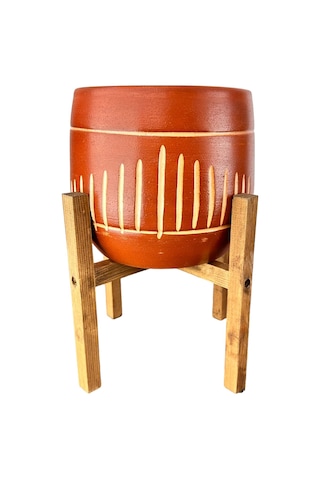 Bitki Tasarımı Ev Dekorasyon Aksesuar Dik Çizgi Desenli Toprak Saksı Saksılık Salon Çiçeklik 4 Ayaklı - 19 CM