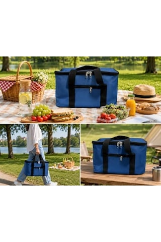 Mavi Renk 22 Litre Termal Piknik Ve Taşıma Çantası Su Geçirmez Kumaş, Kalın Yalıtımlı İç Kaplama, 2 Bölmeli Soğuk-sıcak Tutucu Çanta 39x27x23 Cm Açık