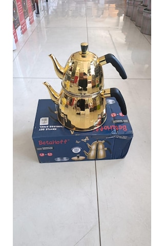 Gold Sarı Çaydanlık Seti 1.0 + 2.5 Litre Betahoff Paslanmaz Çelik İndüksiyon Uyumlu Kapsül Tabanlı Çaydanlık Takımı