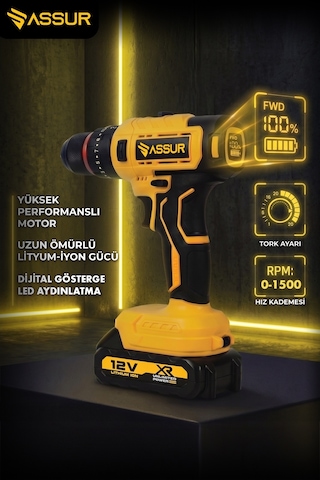 Assur ASR232 12V Çift Akü Dijital Göstergeli Akülü Vidalama Sarı