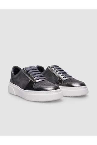 %100 Hakiki Deri Gri Bağcıklı Kadın Sneaker Gri