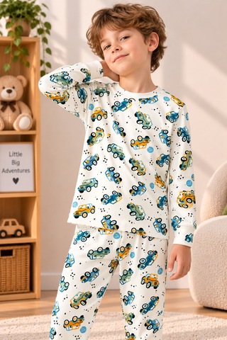 Free Beka Araba Desenli Bisiklet Yaka %100 Pamuklu İnterlok Kumaş Erkek Çocuk Uzun Kollu Pijama Takımı Yeşil